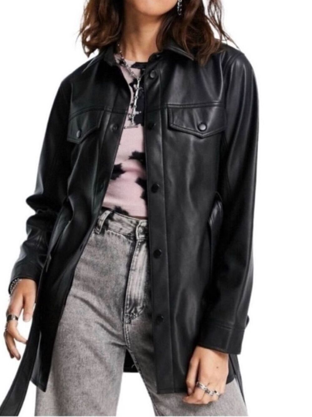 Rebecca Minkoff Black Faux Leather Belted Jacket Trench Coat Vegan Leather Large